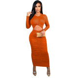 Fall Sexy Long Sleeve Round Neck Crop Top And Long Dress Set