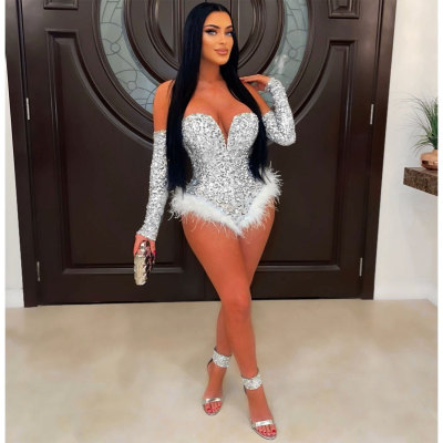 Women Sexy Feather Sequin Jumpsuit