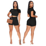 Women Gathered Ribbed Short Sleeve Top and Short Two-Piece Set