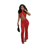 Women Solid Halter Top and Pant Two-Piece Set