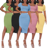 Women's Spring Summer Ribbed Square Neck Short Sleeve Slit Skirt Slim Fit Two-piece Set