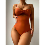 Bikini Solid Color Hollow Out Cross Push Up Sexy One-Piece Swimsuit