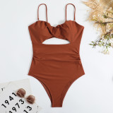 Bikini Solid Color Hollow Out Cross Push Up Sexy One-Piece Swimsuit