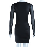 Women's sexy wrap chest Patchwork Mesh long sleeve Bodycon Dress