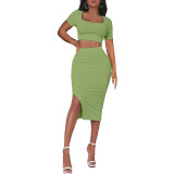 Women's Spring Summer Ribbed Square Neck Short Sleeve Slit Skirt Slim Fit Two-piece Set