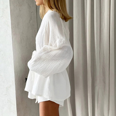 Summer Long-Sleeved Nightgown Comfortable Pajamas Double-Layer Yarn Clothing Shorts Two-Piece Pajamas Set Ladies Home Clothes