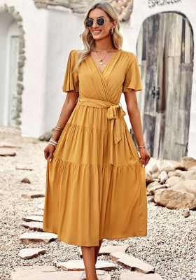 Summer Chic Elegant Solid V-Neck Short Sleeve Casual Long Dress