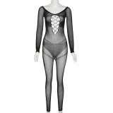 Spring Women'S Sexy See-Through Mesh Off Shoulder Hollow Out High Waist One Piece Trousers Tight Fitting Jumpsuit
