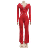 Women'S Fashion Feather Patchwork Beaded V-Neck Long Sleeve One Peice Trousers Sexy Ladies Jumpsuit