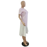 Women'S Spring Summer Stripe Print Patchwork Short Sleeve Dress Without Belt
