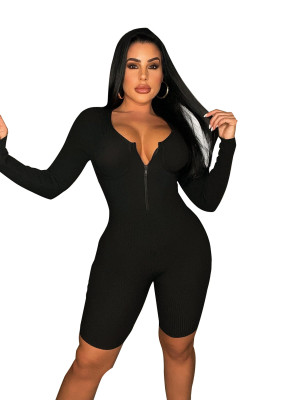 Women'S Clothing Fashion Casual Solid Rib Long Sleeve Slim Fitted Jumpsuits