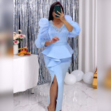 Square Neck Beaded See-Through Balloon Sleeve Dress Elegant Formal Party Dress