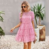 Spring Summer Bohemian Chiffon Print Slim Waist Short Sleeve Casual Dress