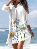 Spring Fashion Romantic Printed Irregular Pocket Shirt Mini Dress