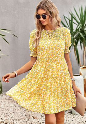 Spring Summer Bohemian Chiffon Print Slim Waist Short Sleeve Casual Dress