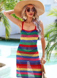Summer Beach Sexy Rainbow Cover Up Tank Dress Knitting Holidays Maxi Bikini Shirt Dress