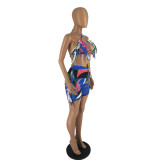 Ladies Fashion Sexy Printed Halter Tassels Bra Top And Shorts Two Piece Set