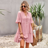 Women'S Solid Color Fashion Spring Summer Chic Elegant Short Sleeve Casual Swing Dress