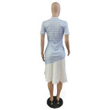 Women'S Spring Summer Stripe Print Patchwork Short Sleeve Dress Without Belt