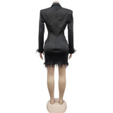 Women'S Fashion V-Neck Long-Sleeved Double-Breasted Lace Feather Patchwork Blazer Dress