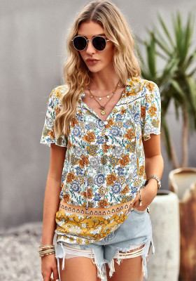 Design Bohemian Casual Shirt Spring Summer Chic Elegant Print Short Sleeve Ladies Blouse