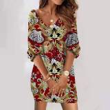 Spring Fashion Casual Loose V Neck Printed Short Sleeve Casual Dress