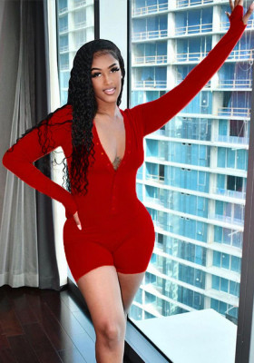 Women'S Fashion Solid Color V-Neck Long Sleeve Sexy Short Jumpsuit