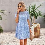 Spring Summer Bohemian Chiffon Print Slim Waist Short Sleeve Casual Dress