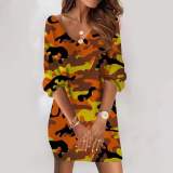 Spring Fashion Casual Loose V Neck Printed Short Sleeve Casual Dress