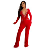 Women'S Fashion Feather Patchwork Beaded V-Neck Long Sleeve One Peice Trousers Sexy Ladies Jumpsuit