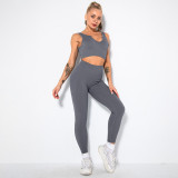 Women seamless knitting Ribbed V-neck short-sleeved Top and Cropped Pants yoga clothing two-piece set