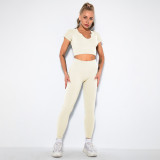 Women seamless knitting Ribbed V-neck short-sleeved Top and Cropped Pants yoga clothing two-piece set