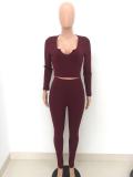 Women Solid Ribbed Long Sleeve V-Neck Top and Pant Two-Piece Set