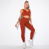 Women seamless knitting Ribbed V-neck short-sleeved Top and Cropped Pants yoga clothing two-piece set