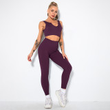 Women seamless knitting Ribbed V-neck short-sleeved Top and Cropped Pants yoga clothing two-piece set