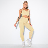 Women seamless knitting Ribbed V-neck short-sleeved Top and Cropped Pants yoga clothing two-piece set