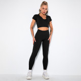 Women seamless knitting Ribbed V-neck short-sleeved Top and Cropped Pants yoga clothing two-piece set