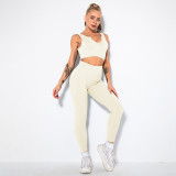 Women seamless knitting Ribbed V-neck short-sleeved Top and Cropped Pants yoga clothing two-piece set