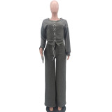 Women Casual Solid Lace-Up Top and Wide-Leg Pants Two-Piece Set
