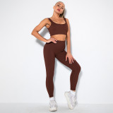 Women seamless knitting Ribbed V-neck short-sleeved Top and Cropped Pants yoga clothing two-piece set