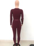 Women Solid Ribbed Long Sleeve V-Neck Top and Pant Two-Piece Set
