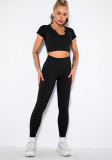 Women seamless knitting Ribbed V-neck short-sleeved Top and Cropped Pants yoga clothing two-piece set