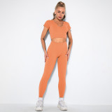 Women seamless knitting Ribbed V-neck short-sleeved Top and Cropped Pants yoga clothing two-piece set