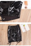 Women Sexy Lace-Up Cutout PU-Leather Top and Skirt Two-Piece Set
