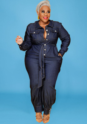 Slim V-Neck Casual Plus Size Women's Denim Jumpsuit