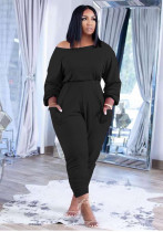 Plus Size Women's Solid Loose Fit Casual Off Shoulder Top Two-Piece Set