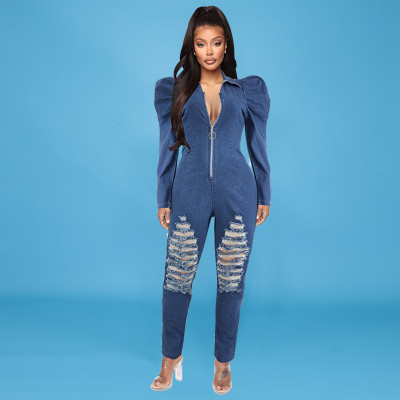 Women's Fall Puff Sleeve Ripped Jumpsuit