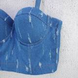 Simple Ripped Fashion Trend Denim Camisole Split Size Wrapped Underwire Women's Top Cutout Vest