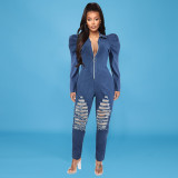 Women's Fall Puff Sleeve Ripped Jumpsuit