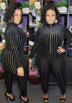Plus Size Women'S Mesh Flocked Stripe Tight Fitting Zip Long Sleeve Jumpsuit